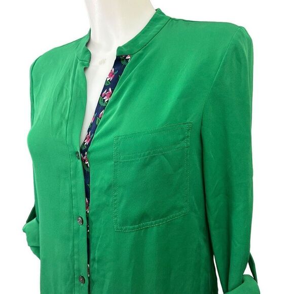 Diane Von Furstenberg Green 100% Silk Buttondown Longsleeve Shirt Rolltab sz 2 - Picture 3 of 10